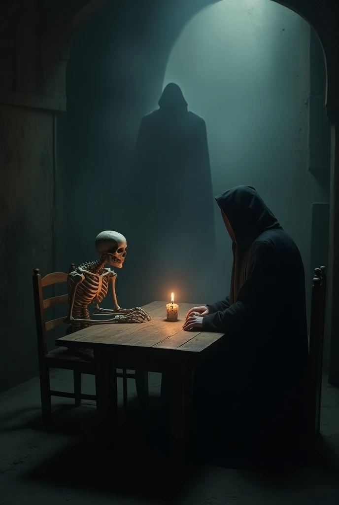 "A dimly lit, eerie room with a gothic atmosphere, featuring a skeleton seated at a wooden table across from a shadowy, cloaked figure resembling Death. The table is adorned with a single lit candle and a mysterious orb, emitting faint light and casting dr...