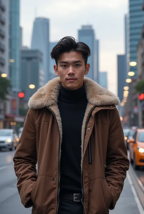 Handsome Indonesian teen guy .  Wearing fur winter jacket . Short hair background Singapore 