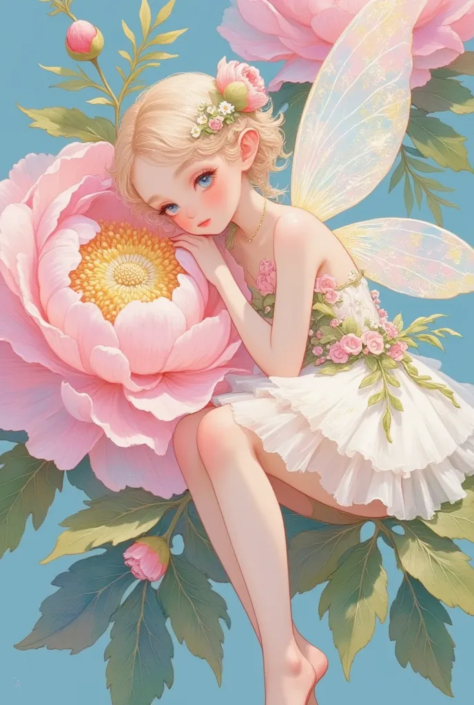 a fairy with wings sits on a blooming peony,  beautiful eyes，cross your legs，wear a dress with frills，