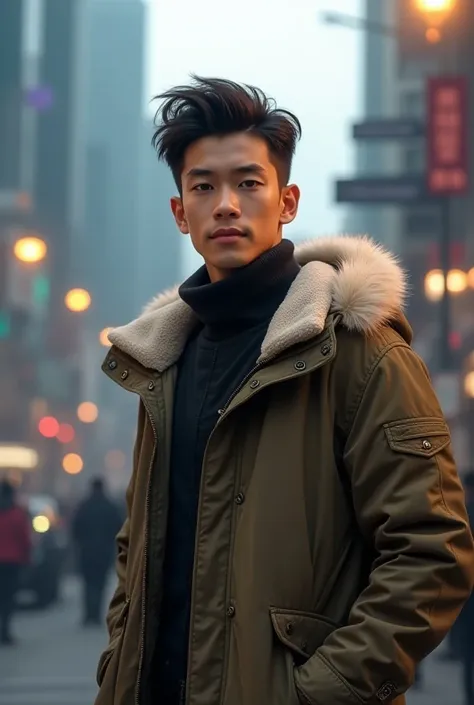 Handsome Indonesian teen guy .  Wearing fur winter jacket . Short hair background Singapore 