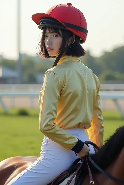  best quality, masterpiece,  1 Japanese girl, Racehorse Girl ,  helmet ,The jockey who runs for the keys,Model, portrait,Horse racing ,Soft light,  ultra high resolution, (Photographically:1.4),  RAW Photos,Alone, cute, ( has a smiling face:0.5), ( Brown E...