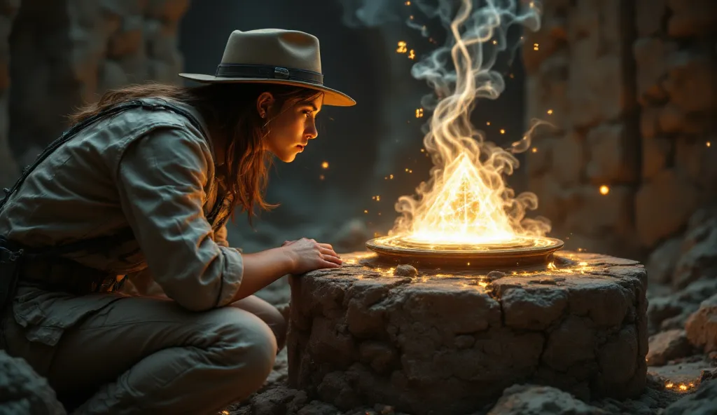 dr. eleanor hayes, the lead archaeologist, carefully examines a glowing artifact embedded in an ancient stone pedestal. symbols ...