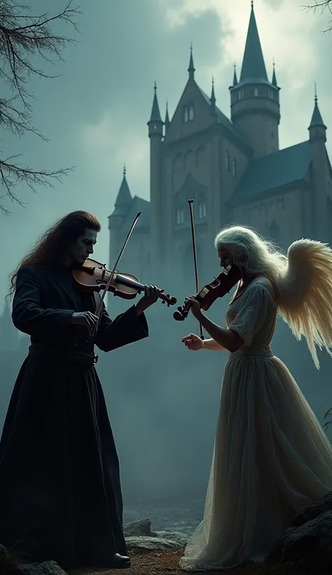 Vampire violist niccolò paganini playing facing the Angelic vionist Antonio Vivaldi with flowing white hair. With the Gothic castle in the background.