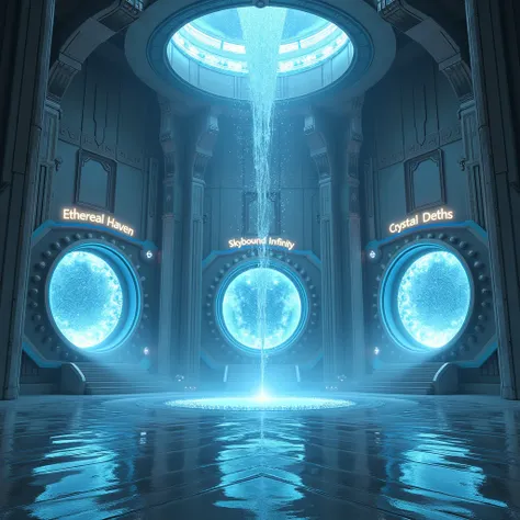 Entering the Water Gate (13–24 sec)

6. Inside the Vault (Wide Shot)
Prompt:
"A grand futuristic hall with a metallic floor and walls. Embedded in the wall are three massive glowing water portals with rippling effects. Above each portal, glowing names such...