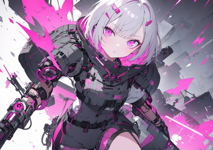 Gray Hair、Short Hair、shocking pink eyes、 cyberpunk 