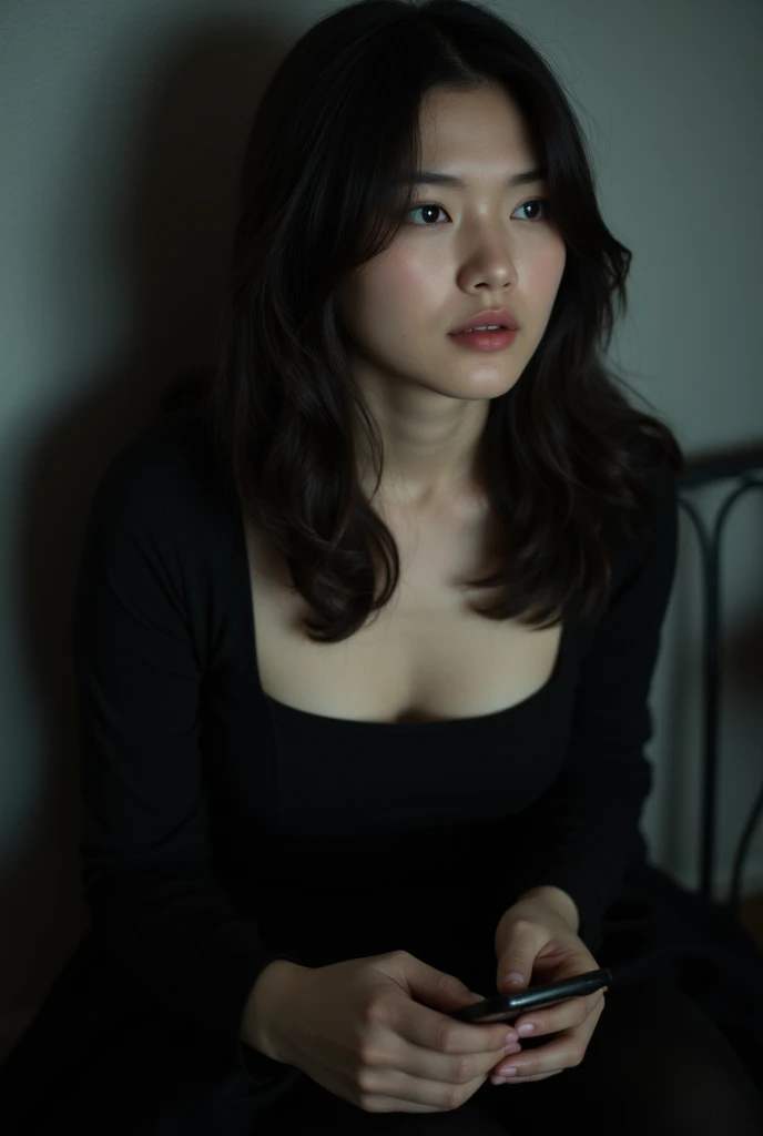 Young Asian woman, Between 25 and 28 years old with a small dot under her eyes ,  Gothic style sitting smiling holding her cell phone distracted