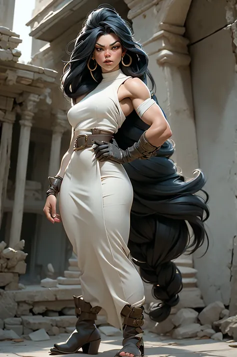 Fantasy, Woman, stocky build, muscular, freckles, long black hair, braids, wide hips, large body, white bandage dress, wide pants with slits, fighting pose, wide belt, large gloves, large boots, full body shot, adventurer, temple ruins