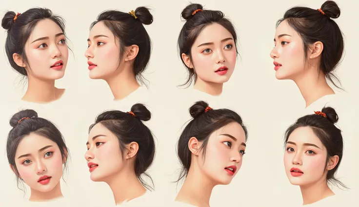 Character sheet of a beautiful Asian woman, showcasing her face from various angles and expressions. The sheet should include close-ups of her smiling, frowning, laughing, and looking thoughtful. Each angle should highlight her intricate facial features, i...