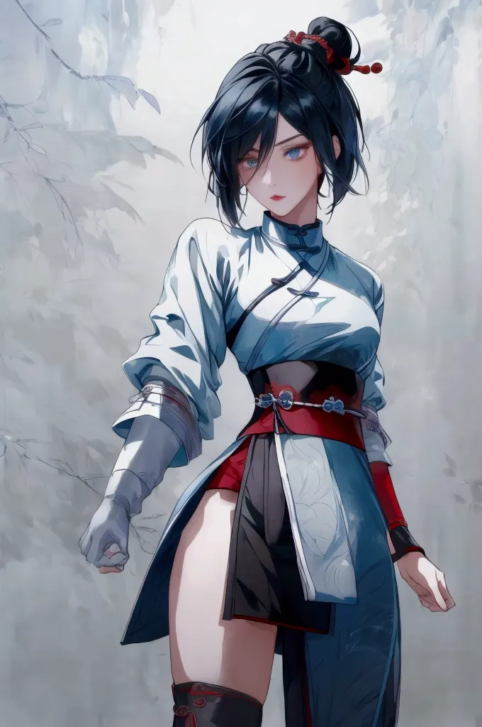 Masterpiece, Best quality, 1 Ji Ruxue, the expression is cold, strong, blue eyes, short hair, wolfcut hairstyle, smoky mix blue color hair, resolute eyes, red lips, simple Taoist Taoist uniform, Chinese mix morden, frontal photo, black or white background,...