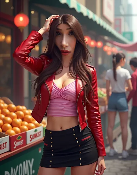 A 24 years old young woman stands in an outdoor traditional market setting. She has long dark brown hair and is wearing a red leather jacket over a pink and white striped blouse. The blouse is slightly cropped, revealing her midriff. She pairs this with a ...