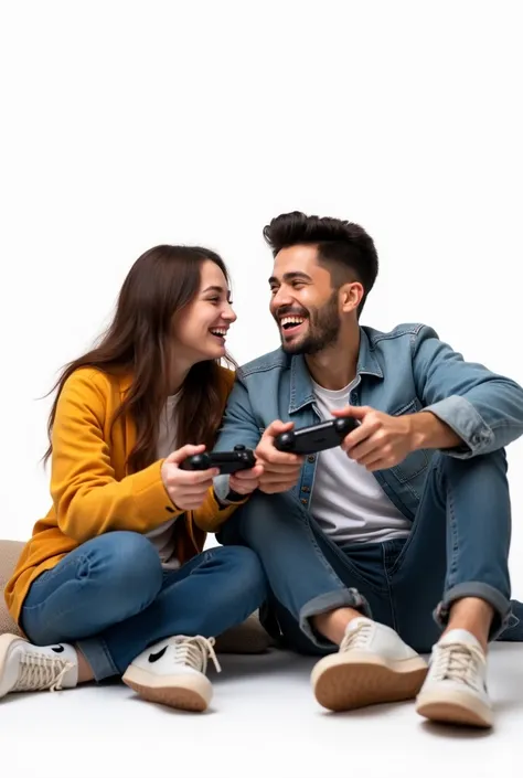 A couple playing video games white background 
