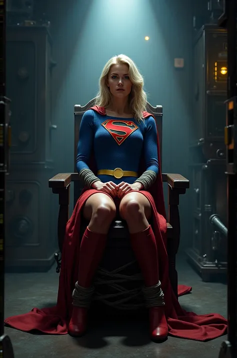 Supergirl is bound to a chair with thick ropes, her arms and legs tightly secured in a dimly lit, secret lair. Her blue and red outfit is slightly disheveled, and her expression is one of determination as she struggles against her restraints. The room is f...