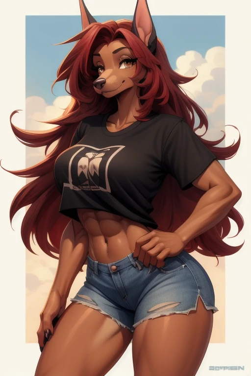 doberman girl  , ( best quality , masterpiece:1), One,   Long hair ,  red hair , portrait, finger claws, , fluffy,, ( Breasts:1,9), T-shirt and shorts 2,skinny 1 ,  beautiful 1,