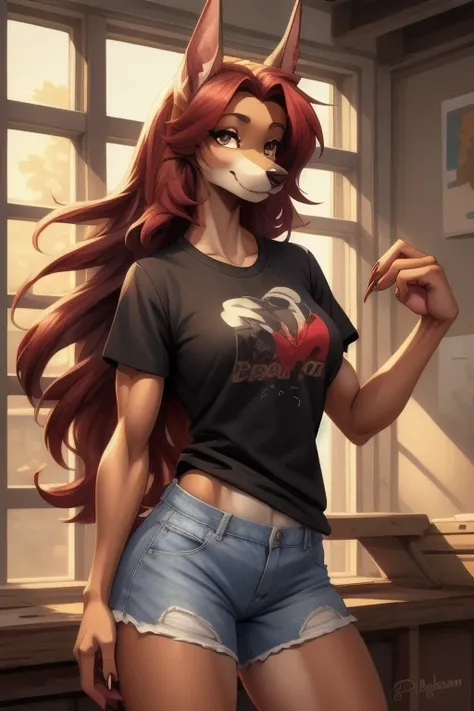 doberman girl  , ( best quality , masterpiece:1), One,   Long hair ,  red hair , portrait, finger claws, , fluffy,, ( Breasts:1,9), T-shirt and shorts 2,skinny 1 ,  beautiful 1,