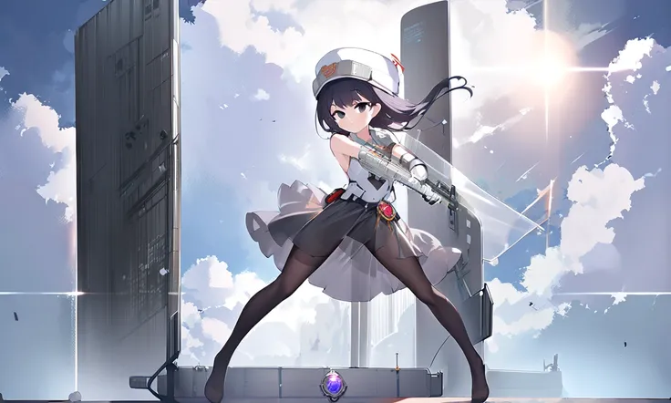 (((masterpiece, Vision, solo))), (((( perfect full body for a woman with a flat chest、Bundle short unkempt black hair、white military jacket、 black tights、Black glasses are black、 wears glasses 、White military cap、Cloudy black eyes、 zitales、Shipgirl風ブーツ、See...