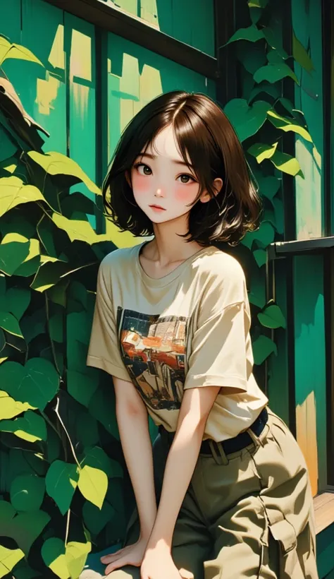  Geometric background :1.3、  dark color、  cute girl hair、  Look Away 、Printed shirt、Picasso painting t-shirt 、  loose clothing  、Retro、 best quality、Super detailed、  High quality details 、green