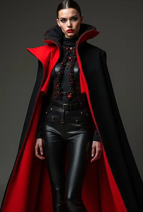 Unique clothing like color black and red
