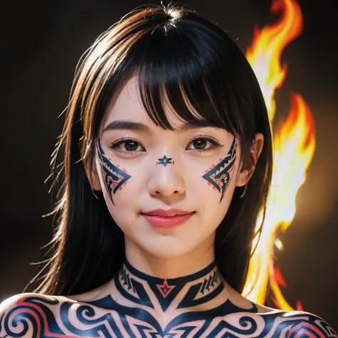  girl、bangs、 black hair、 straight long hair 、 white skin、smile、 face close up、 black dress、 yellow eyes、red flame on background 、tooth、( tribal tattoo on face:1.3)