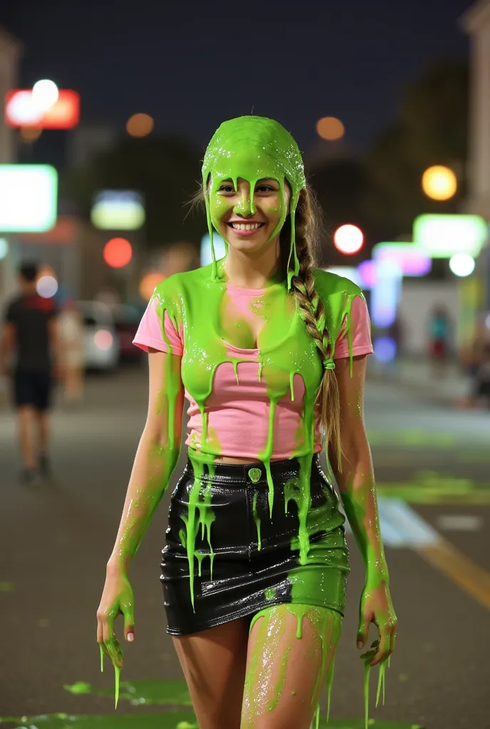 film photograph taken with a leica camera of beautiful chinese girl walking covered in green slime. pink cropped tshirt. black m...