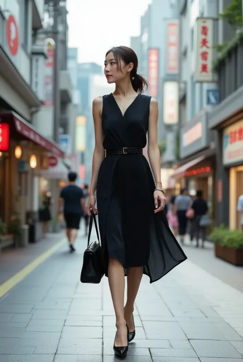 a lady walking in Tokyo street wearing a black dress and she is caring a purse or bag in her hand and there street is very good 