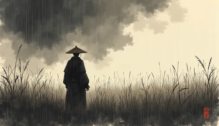 traditional Japanese ink painting, ronin in the middle of a dense reed field, from back, robes, straw hat, ink splash, clouds, (((dramatic painting))), raining