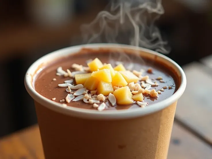 hot chocolate with coconut and pineapple in cardboard cup