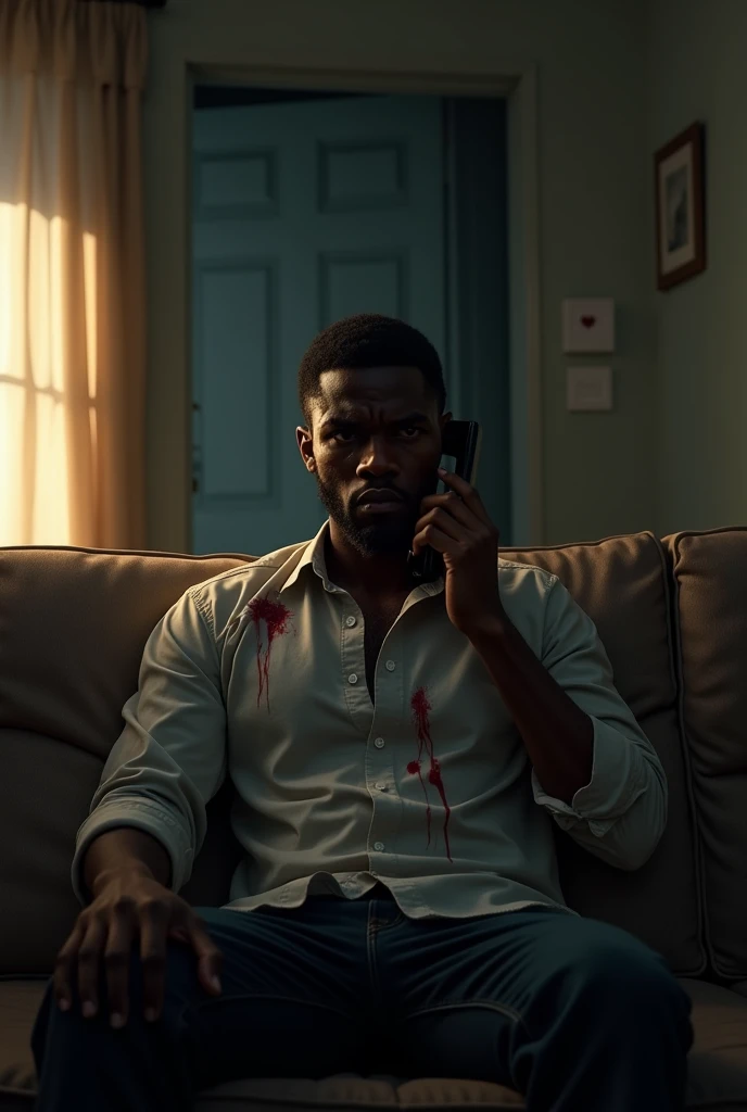 A dimly lit living room with simple decor, where Okoro( a man in his early 30s wearing a white short-sleeved shirt tucked into a black trouser), sits on a worn couch with a phone pressed to his ear. His expression is tense, with beads of sweat forming on h...