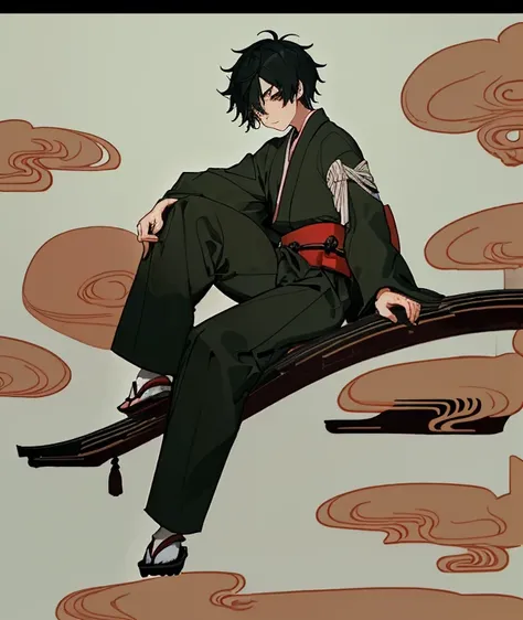 1boy, black hair, (background: Japanese style), sitting