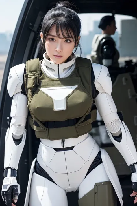 (( black haired ponytail)),((Brown Skin)),Age 35、Orange Eyes、 cracked abs、Strong biceps、((Futuristic white combat suit )),((Bulletproof vest)),(( high leg)),((( olive ear protectors ))),(( humanoid robot cockpit ))、Ravaged Battlefield、cigarette、Perfect Fin...