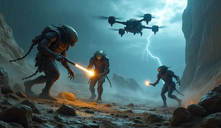 An alien survival training exercise set on a harsh, storm-ravaged Deathworld, with a fierce electrical rainstorm, thunder, and high winds. The scene shows three cadets—a massive Vrokk warrior, a lithe Hyalmaran officer with crystalline skin, and a Tzini me...