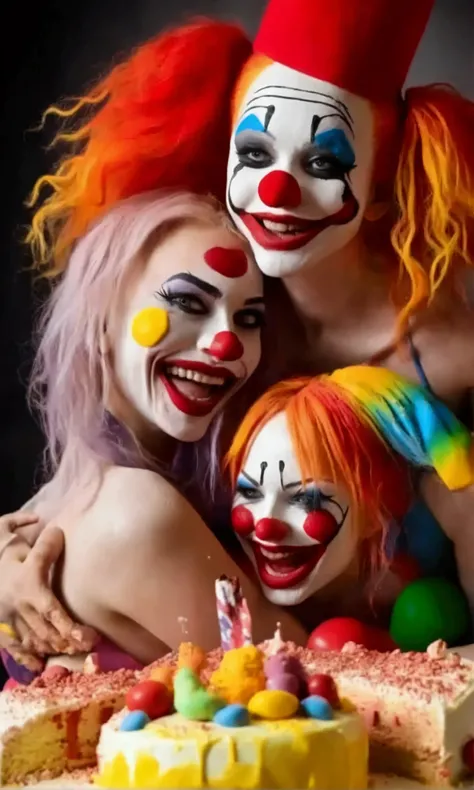 (clown porn) Sexy lesbian clowns (cute, amazing butt, clown makeup, messy cake smeared on each others body in place of bikini or underwear), they are hugged up to each other, smashing handfuls of cake on each other and sensually feeding each other cake, a ...