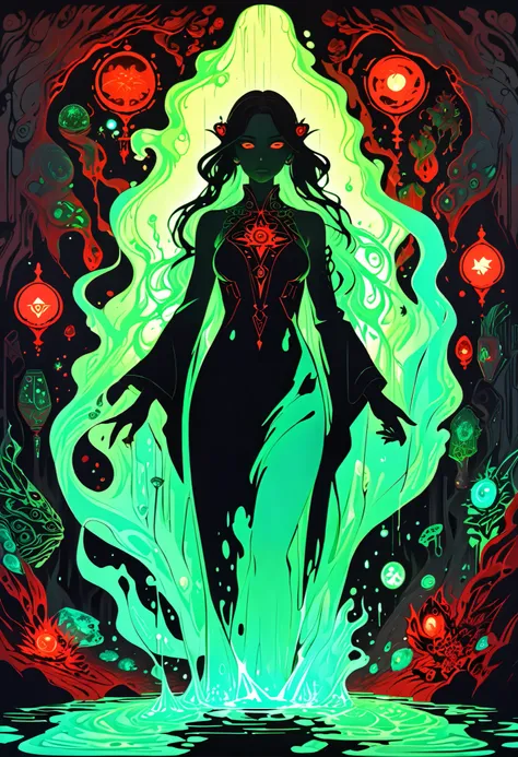 (limited palette: red green black),silhouette,woman, runes, glowing symbols, magic spell, medium breasts, oil painting (medium), highly detailed, dmt, witch, geodes, glowing eyes, light flowing in and out of her body, flowing glowing water, metal, frog, ar...