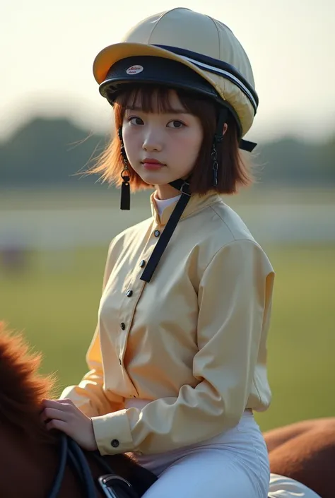  best quality, masterpiece,  1 Japanese girl, Racehorse Girl ,  helmet ,The jockey who runs for the keys,Model, portrait,Horse racing ,Soft light,  ultra high resolution, (Photographically:1.4),  RAW Photos,Alone, cute, ( has a smiling face:0.5), ( Brown E...