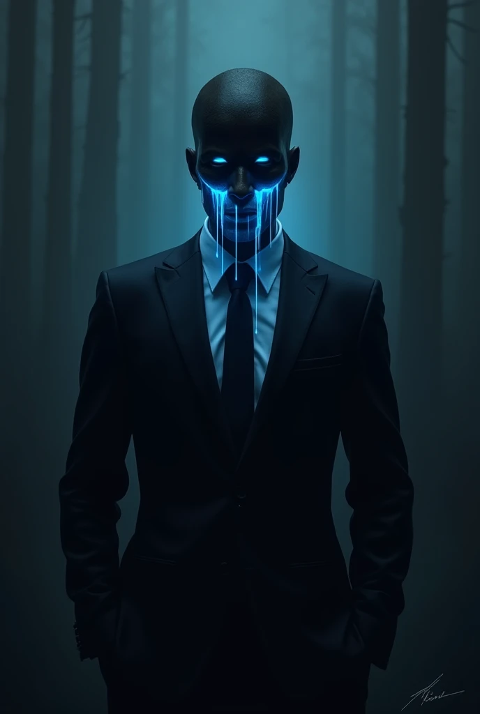   charachter who wear black color suit and wear mask and crying 
And glow very bright in  Blue his tears
Make same picture but only remove mask from his face 
Make guy Like a sering man and background musti be mysterious 