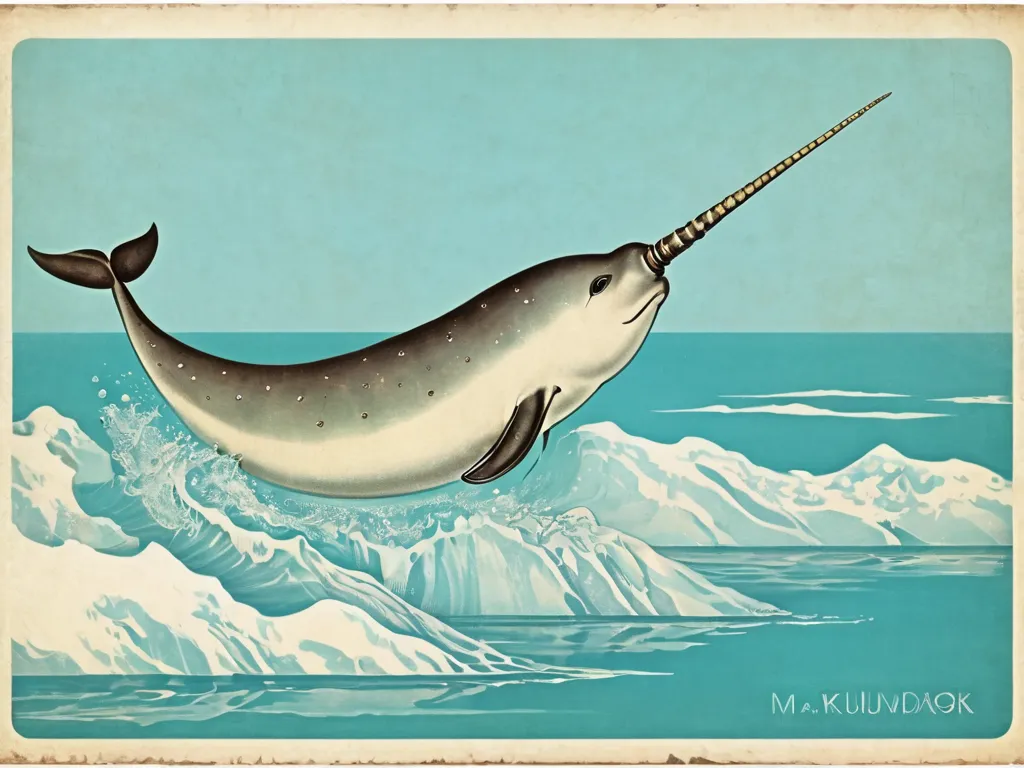 Vintage retro postcard with the image of the sea narwhal Monodon monoceros in the north Sea among the ice and light azure sea water, retro style, retro postcard design, delicate colors, details