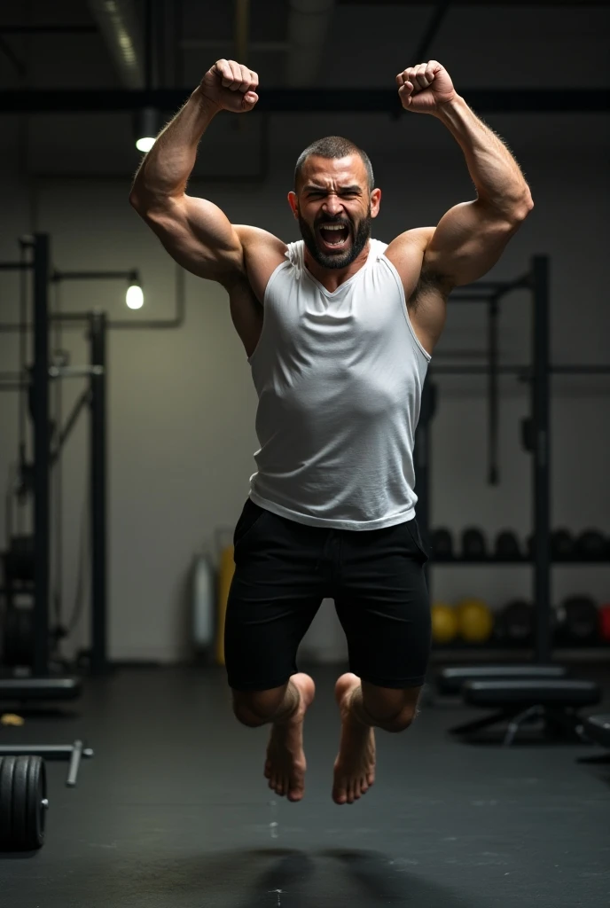 man jumping with hands up while doing a burpee in a white tshirt without sleeves.  very strongly outlined muscles,  little body fat . angry face mimic. the background of the gym.