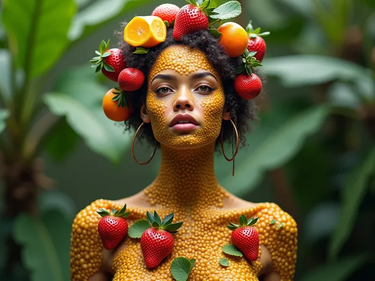 Create a hyper-realistic full-body portrait of a woman that appears to be a combination of a human and a fruit. The entire body is made up of colorful fruit textures, with a face that is somewhat human-like but intertwined. With fruit elements like most st...