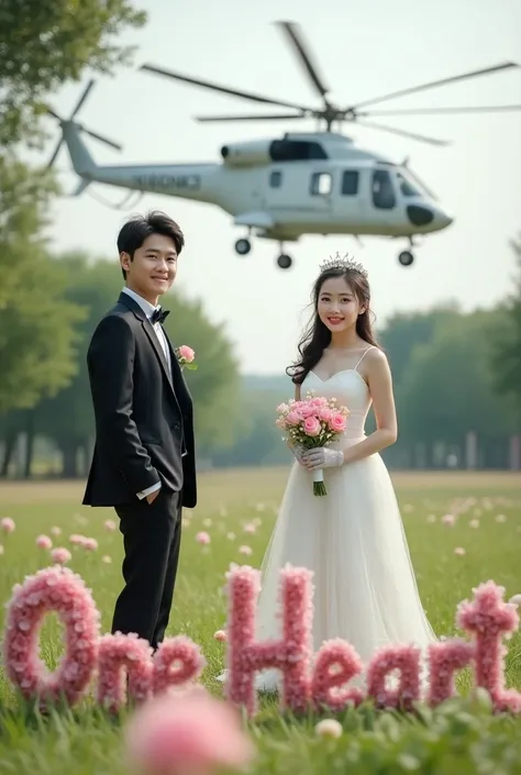 Realistic best quality, masterpiece, please let copule stand on the park , a  helicopters "cool big landing  in park The writing is made of flower arrangements to form words typografi  "one heart" , 1 girl korean, huge laugh, cute teen, shiny lips, sweet, ...