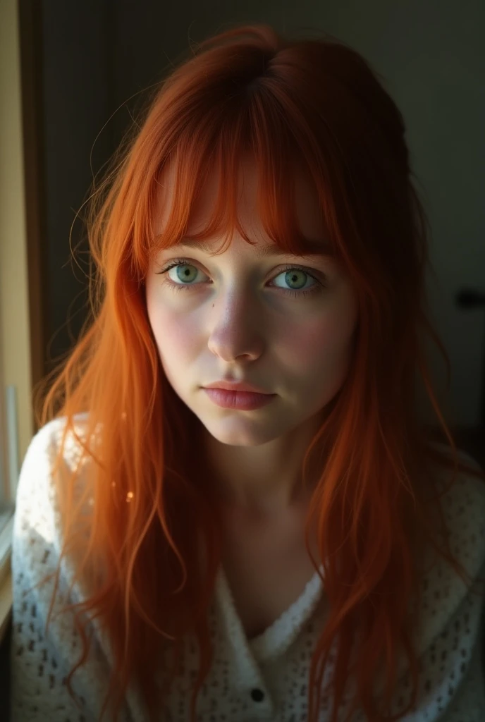  a redheaded teenager , with bright green eyes, with loose hair and fringe ,  taking a selfie in her bedroom ,  showing only a part of the wall ,  reflecting some of the sun on her face.  Shes on the left side of the photo, showing half of her face , with ...