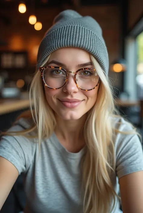 A beautiful blonde woman in a gray beanie, wearing a t-shirt, taking a selfie in a coffee shop setting, looking directly at the camera;  close-up shot, shallow depth of field, soft natural lighting,  photorealistic style, reminiscent of Annie Leibovitzs po...