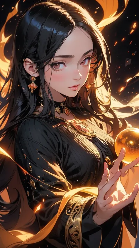 a beautiful young woman with long black hair, crystal ball in both hands, crystal ball in focus, facing forward, anime style, illustration, mucha style, masterpiece, (best quality,4k,8k,highres,extremely detailed:1.2),(photorealistic:1.37),vivid colors, ch...