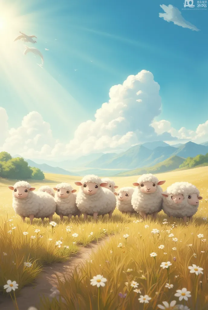 conceptual installation fantasy heartful artwork, sheep,  cute sheep gathering , clear skies, sunlight pouring down ,  gentle wi...