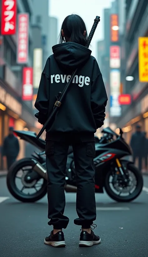 A korean girl wearing a black hoodie with text "REVENGE" is written on the back,wearing long pant and sneaker while carrying a sword on back in the streets of Japan with her stand near super bike Yamaha R6 black metallic, 8k HD quality