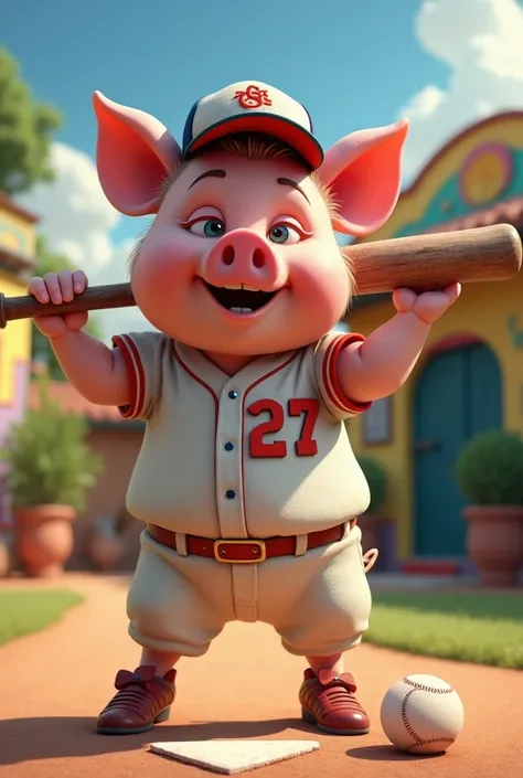 Pig animal playing baseball with pants wearing number 27 Mexican version