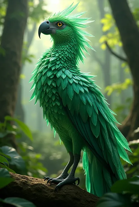 in the center of the image, a green crystal diamond macaw, hybrid animals, Ultra HD quality, best quality, high quality, realistic, clear quality, ultra-realistic and realistic image, best quality, a forest setting.