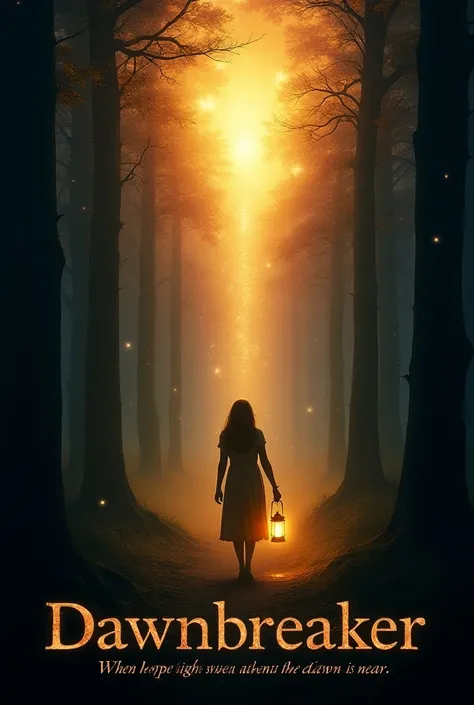 A poetic and uplifting poster with symbolic imagery. A young woman walks through a dark forest holding a lantern, from which golden rays of light burst out, illuminating the path ahead. The forest around him is shrouded in darkness, with faint eyes glowing...