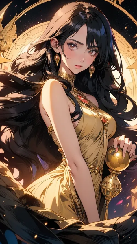 a beautiful young woman with long black hair, holding a crystal ball in both hands, crystal ball in focus, facing forward, anime style, illustration, mucha style, masterpiece, (best quality,4k,8k,highres,extremely detailed:1.2),(photorealistic:1.37),vivid ...