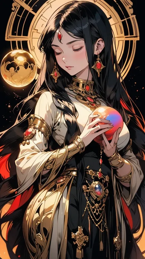 a beautiful young woman with long black hair, eyes closed, holding a crystal ball in both hands, crystal ball in focus, facing forward, anime style, illustration, mucha style, masterpiece, (best quality,4k,8k,highres,extremely detailed:1.2),(photorealistic...