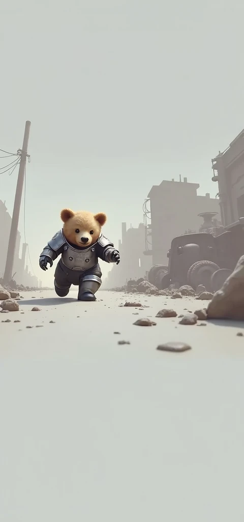 A baby bear wearing a battle armor in apocalyptic streets