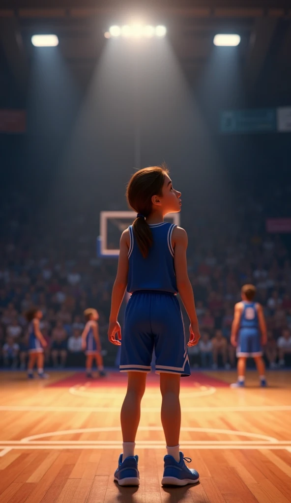 Prompt 1:
Create a Disney Pixar style medium shot of Lena, a teenage girl with brown hair in a ponytail, wearing a blue basketball jersey and shorts, standing alone on the court in a dimly lit gym. She is looking up with determination in her eyes, her post...